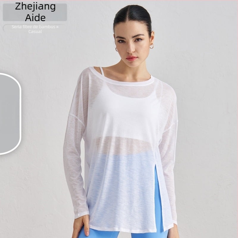 Top de acoperire pentru yoga pentru femei, mâneci lungi, croială lejeră, material din fir slub, ușor, 100% poliester, despicare la tiv