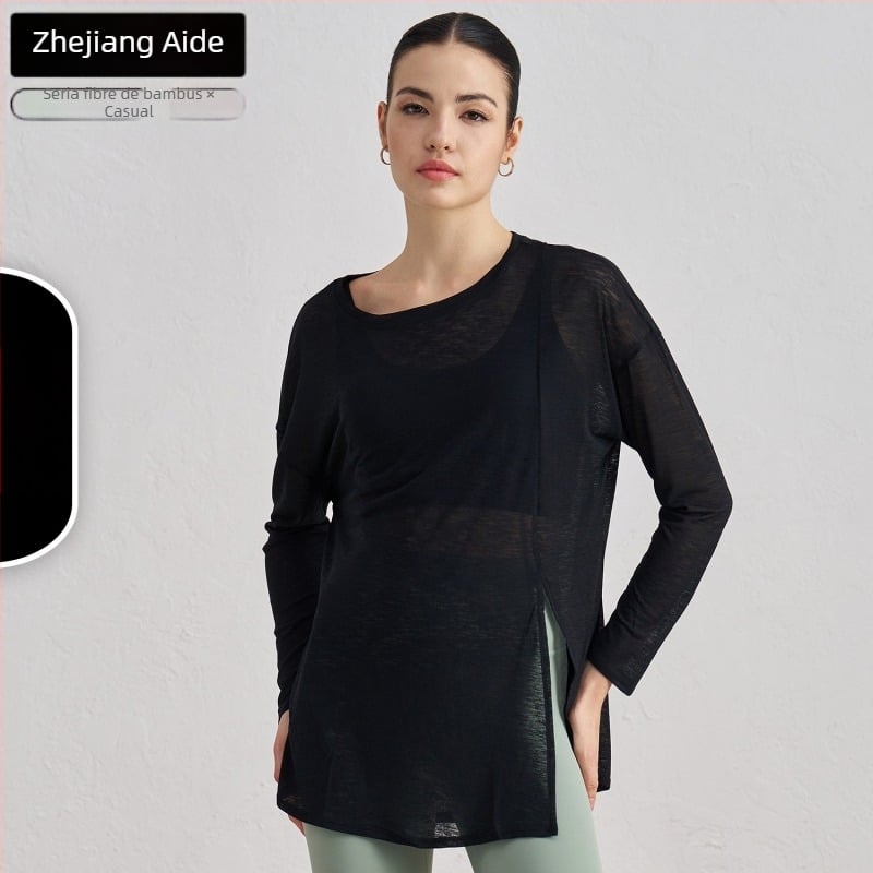 Top de acoperire pentru yoga pentru femei, mâneci lungi, croială lejeră, material din fir slub, ușor, 100% poliester, despicare la tiv