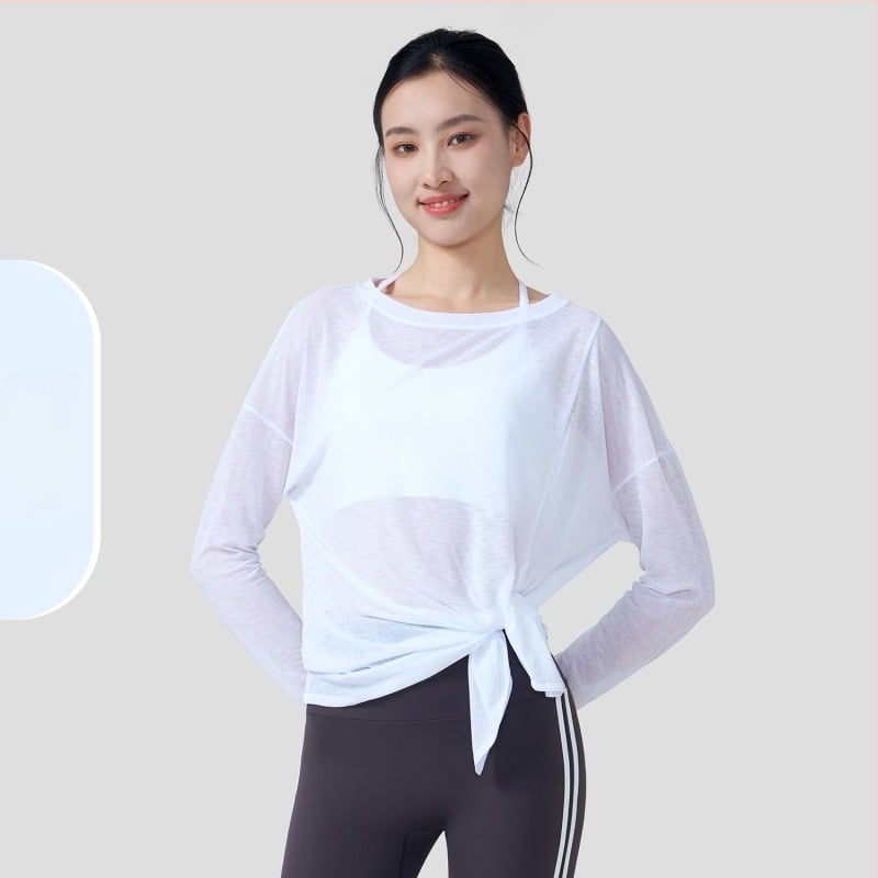 Top de yoga din fir de bambus, cu fante laterale, croială lejeră, respirabil, cu mâneci lungi, lungime până la șold, pentru pilates și fitness, uscare rapidă