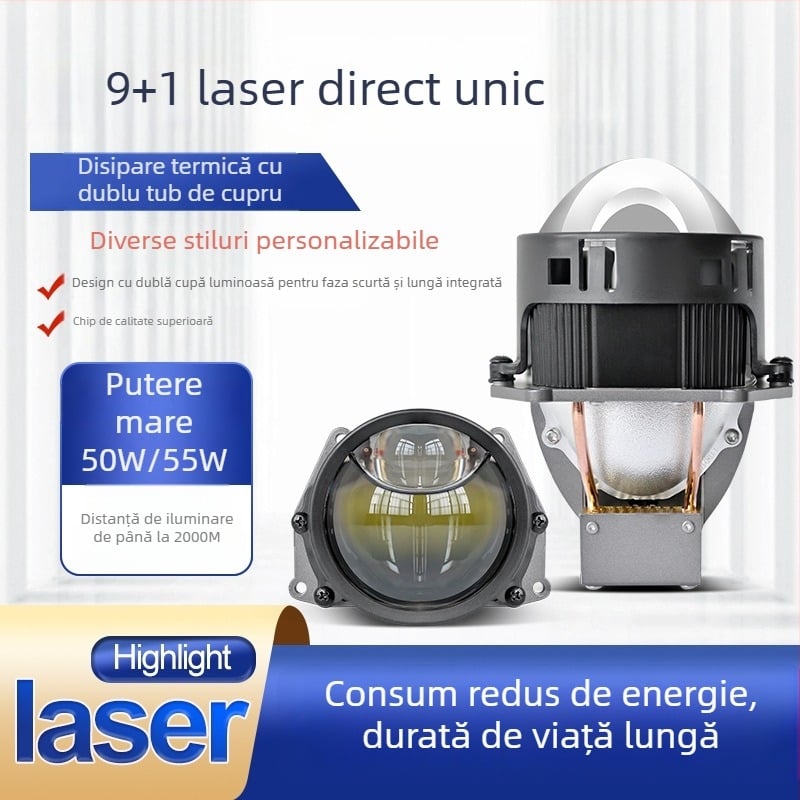 V8 LED pentru mașină, 3 inch, cu țevi din cupru duale și lentilă laser directă, lentile duble, lampă retrofit