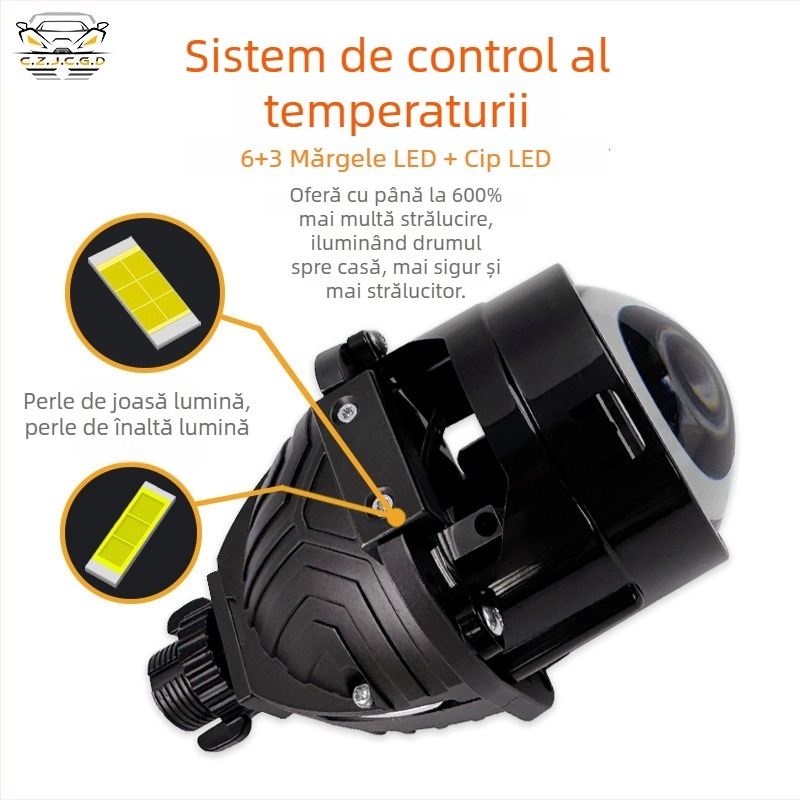 Lentilă LED auto bi-optică cu două faruri, 60W, 12V, 10000 lm, 30000 h, carcasă din aluminiu