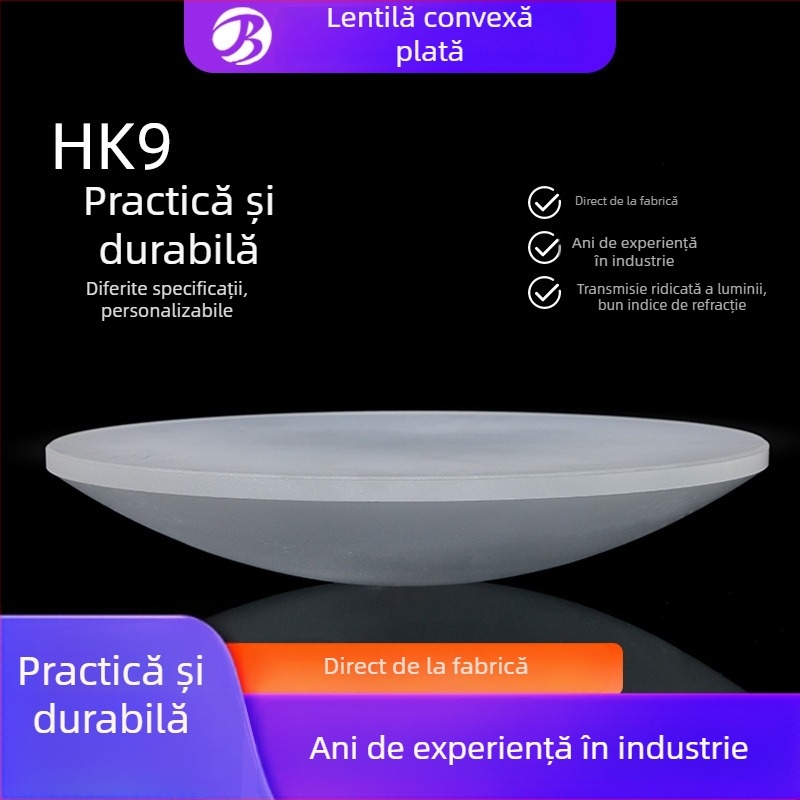 Lentilă plan-convex HK9 – distanța focală 209 mm – sticlă optică, lentilă de proiecție și telelentilă; Aplicații: iluminare LED, teste digitale, AI/AR/VR