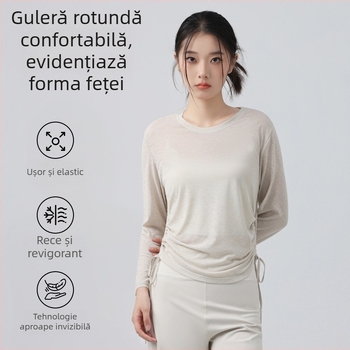 Top de yoga pentru femei cu mâneci lungi, șnur reglabil, croială lejeră, lungime pe șolduri, 100% poliester, respirabil și uscare rapidă — Toamnă 2025
