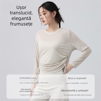 Top de yoga pentru femei cu mâneci lungi, șnur reglabil, croială lejeră, lungime pe șolduri, 100% poliester, respirabil și uscare rapidă — Toamnă 2025