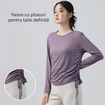 Top de yoga pentru femei cu mâneci lungi, șnur reglabil, croială lejeră, lungime pe șolduri, 100% poliester, respirabil și uscare rapidă — Toamnă 2025