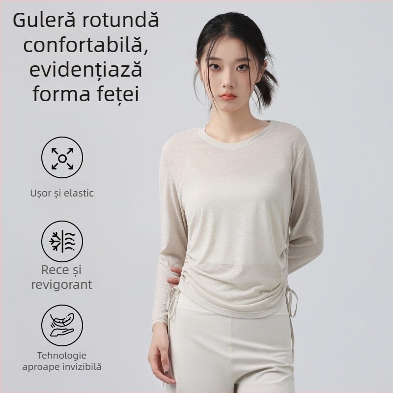Top de yoga pentru femei cu mâneci lungi, șnur reglabil, croială lejeră, lungime pe șolduri, 100% poliester, respirabil și uscare rapidă — Toamnă 2025