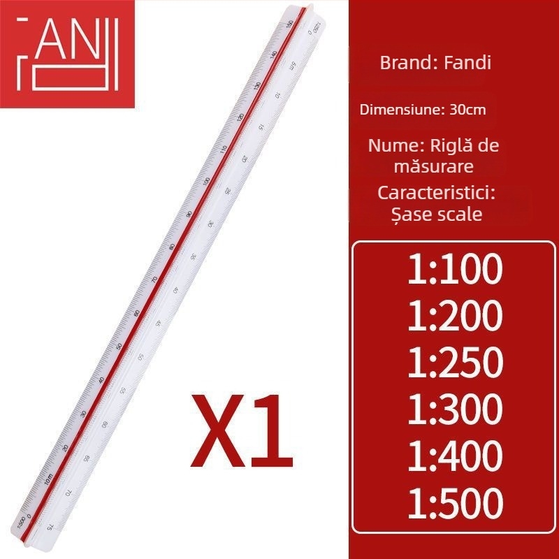 Riglă triunghiulară din aliaj de aluminiu, scară centimetrică, greutate netă 20 g, ambalaj individual