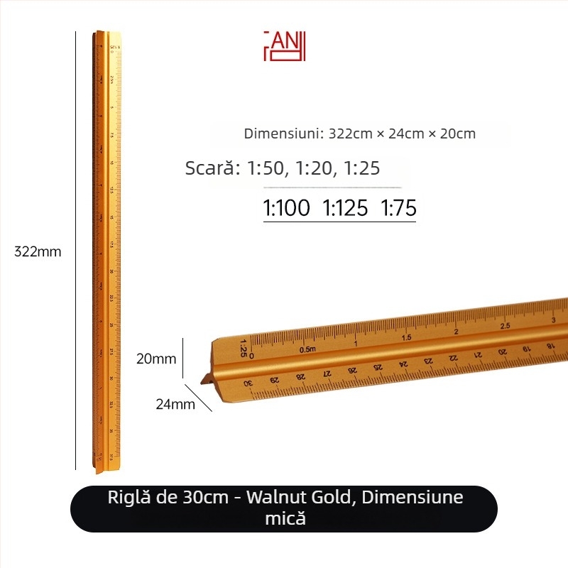 Riglă triunghiulară din aliaj de aluminiu, scară centimetrică, greutate netă 20 g, ambalaj individual