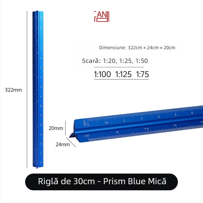 Riglă triunghiulară din aliaj de aluminiu, scară centimetrică, greutate netă 20 g, ambalaj individual