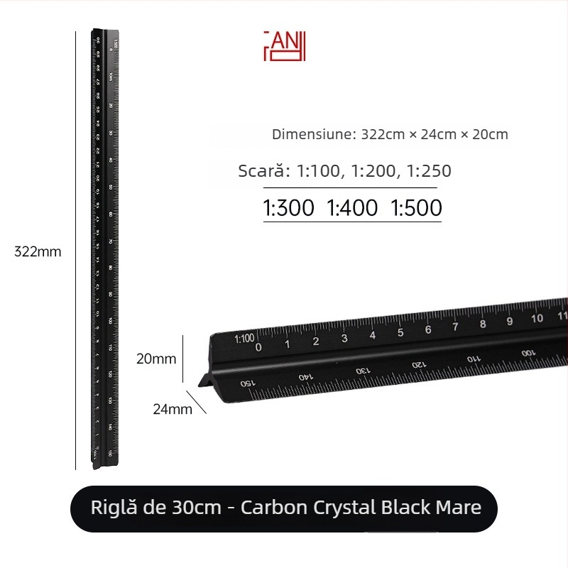 Riglă triunghiulară din aliaj de aluminiu, scară centimetrică, greutate netă 20 g, ambalaj individual