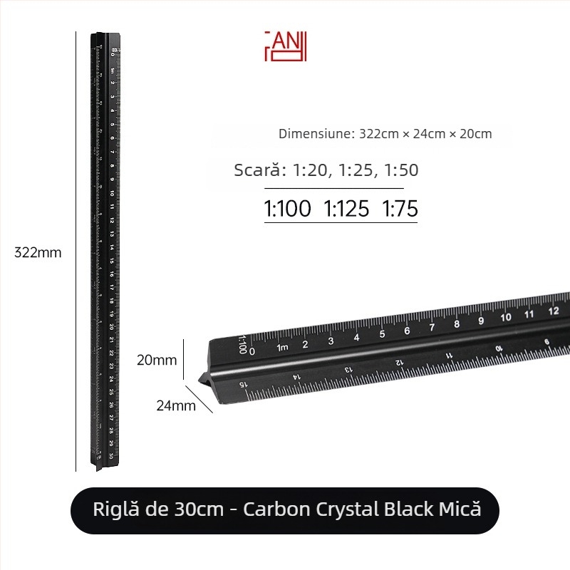 Riglă triunghiulară din aliaj de aluminiu, scară centimetrică, greutate netă 20 g, ambalaj individual