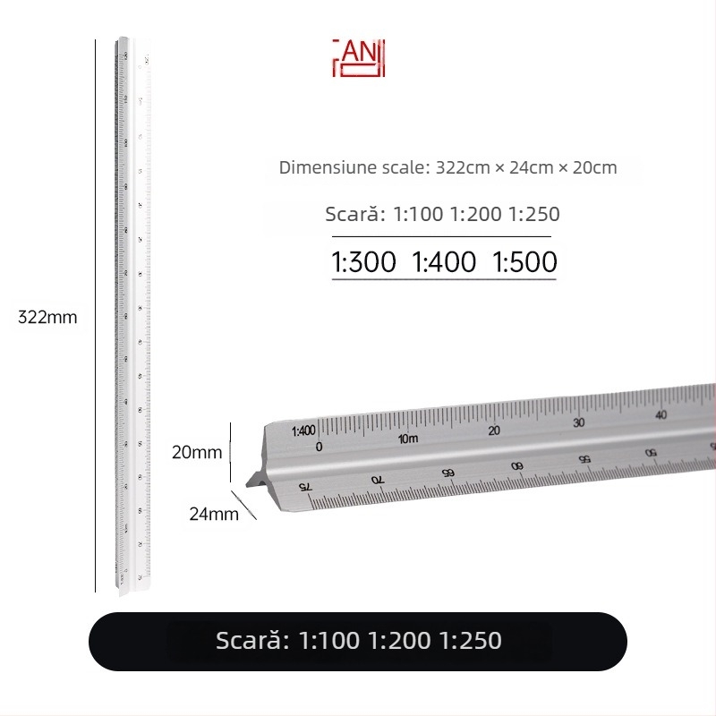 Riglă triunghiulară din aliaj de aluminiu, scară centimetrică, greutate netă 20 g, ambalaj individual