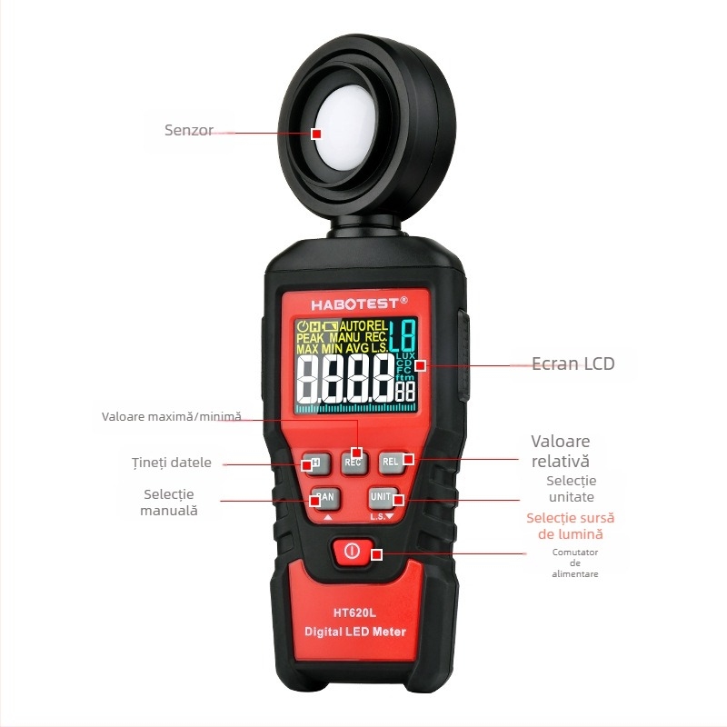 HABOTEST HT620L Instrument digital de iluminare, fotometru de înaltă precizie, alimentat cu 3×1.5V baterii AAA