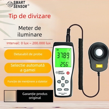 AS823 – Măsurător digital de iluminanță, mână, Hima; interval de măsurare 1–200.000 lux; rezoluție 1 lux; eșantionare la 2 s; alimentare baterie 9V