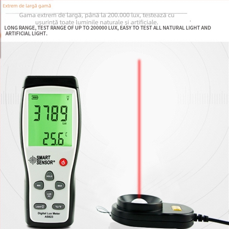 AS823 – Măsurător digital de iluminanță, mână, Hima; interval de măsurare 1–200.000 lux; rezoluție 1 lux; eșantionare la 2 s; alimentare baterie 9V