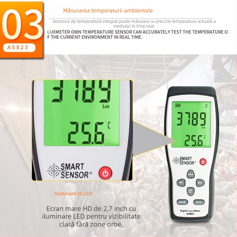 AS823 – Măsurător digital de iluminanță, mână, Hima; interval de măsurare 1–200.000 lux; rezoluție 1 lux; eșantionare la 2 s; alimentare baterie 9V