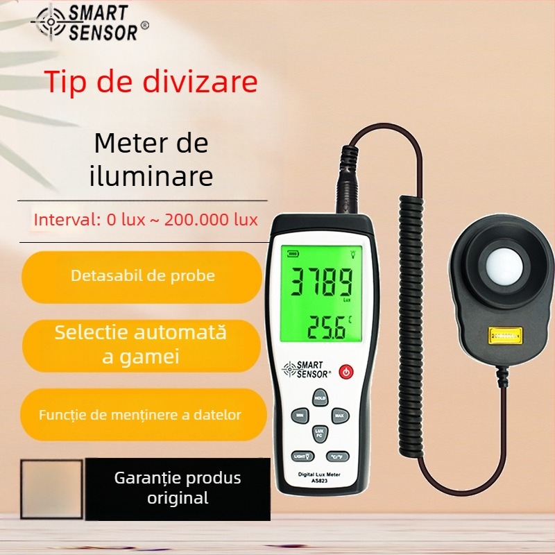AS823 – Măsurător digital de iluminanță, mână, Hima; interval de măsurare 1–200.000 lux; rezoluție 1 lux; eșantionare la 2 s; alimentare baterie 9V
