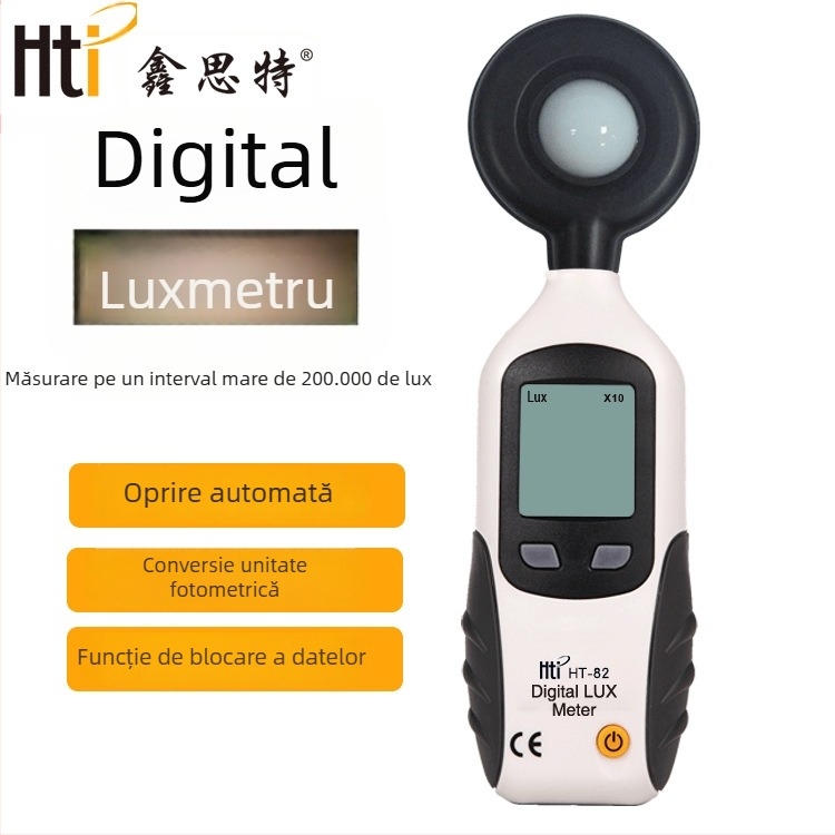 HTI Senzor de iluminare pentru lumină vizibilă, Manual, Alimentare 9V, Greutate 100 g, Ținerea datelor (Max/Min), Iluminare de fundal