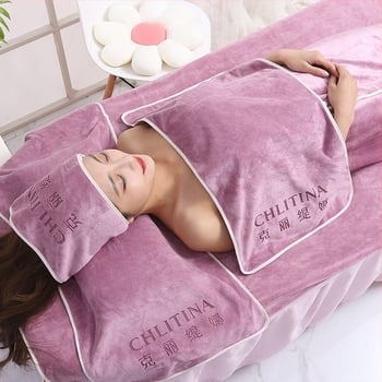 Set de cinci piese pentru salon de înfrumusețare: prosop facial, prosop pentru pernă, șal pentru cap, prosop de pat și prosop de baie. Material: fibră ultra-fină; Greutate: 420 g; Brand: Muyang; Fire: fir rupt vopsit; Tipărire logo disponibil.