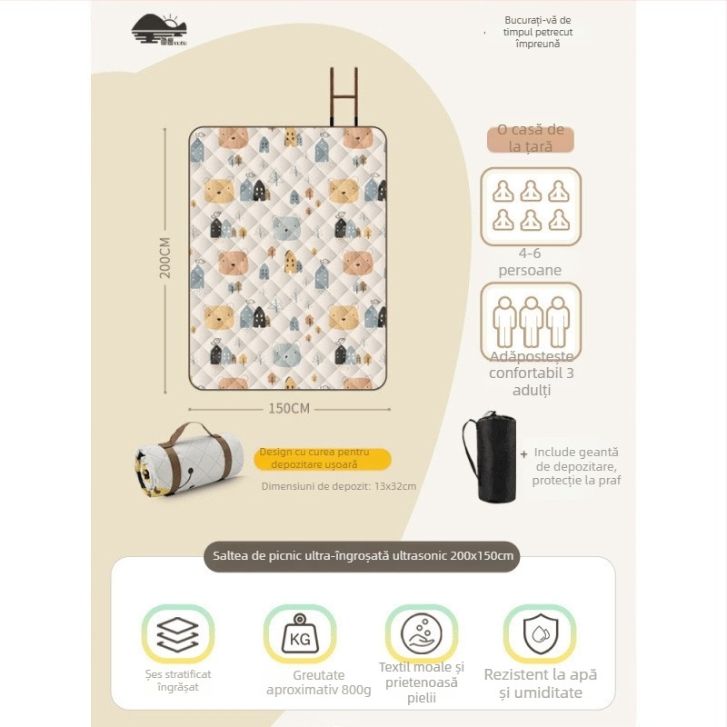 Covoraș de picnic cu suprafață din flanelă, impermeabil pentru camping, ușor de transportat pentru grup