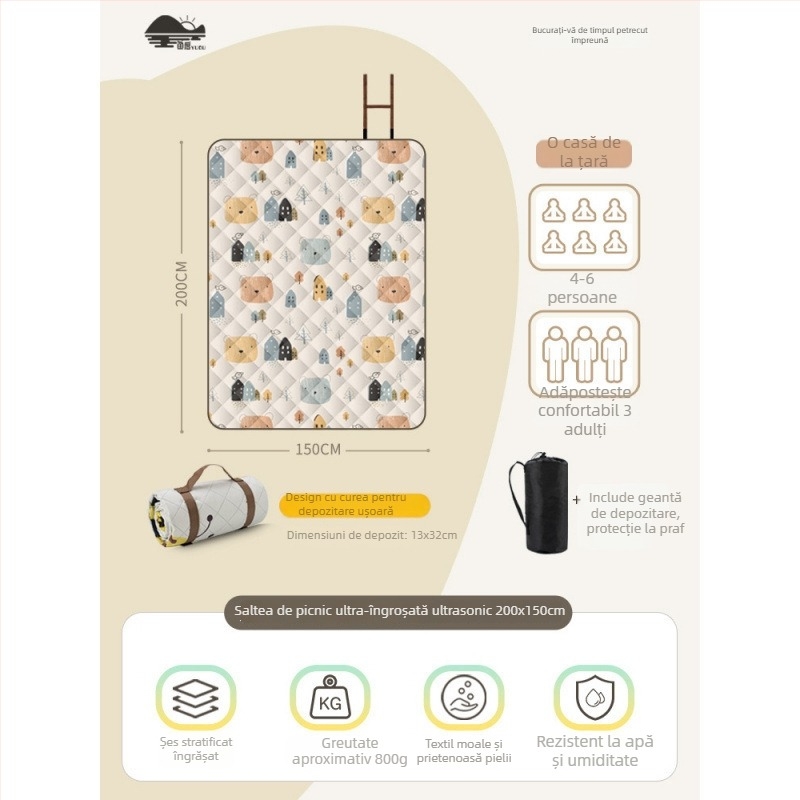 Covoraș de picnic cu suprafață din flanelă, impermeabil pentru camping, ușor de transportat pentru grup