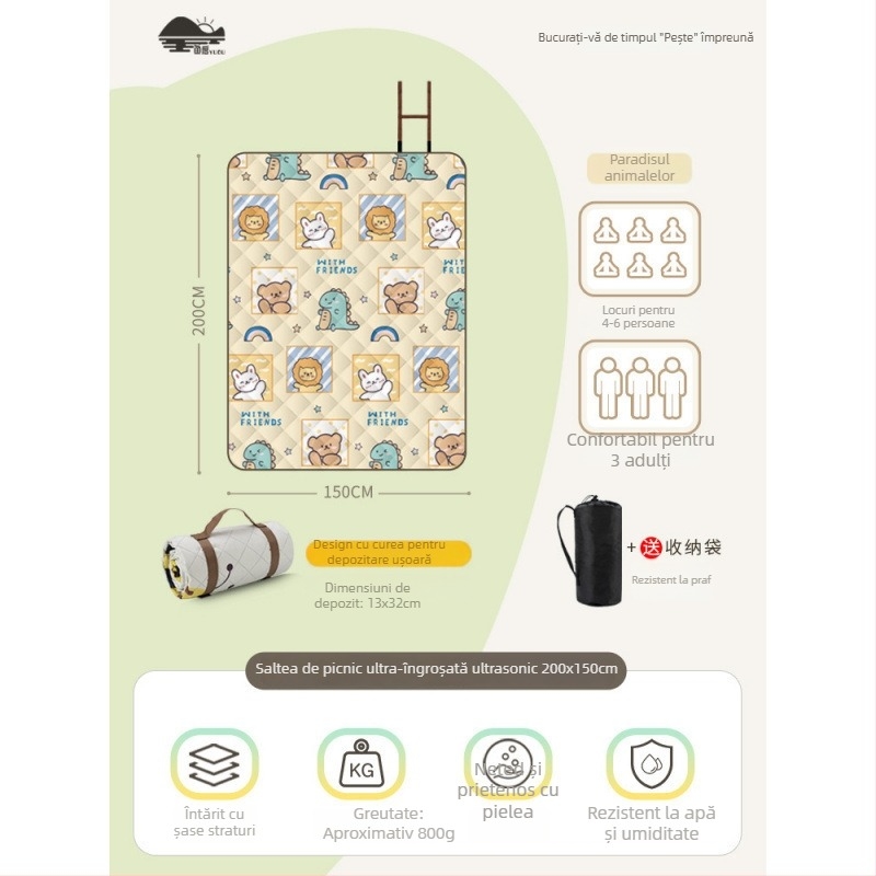 Covoraș de picnic cu suprafață din flanelă, impermeabil pentru camping, ușor de transportat pentru grup