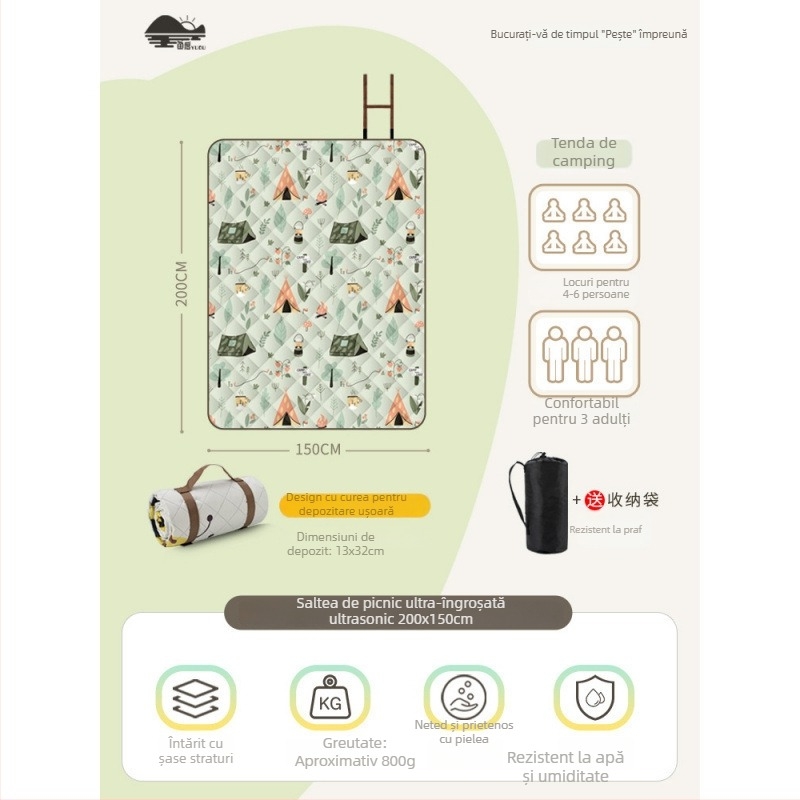 Covoraș de picnic cu suprafață din flanelă, impermeabil pentru camping, ușor de transportat pentru grup