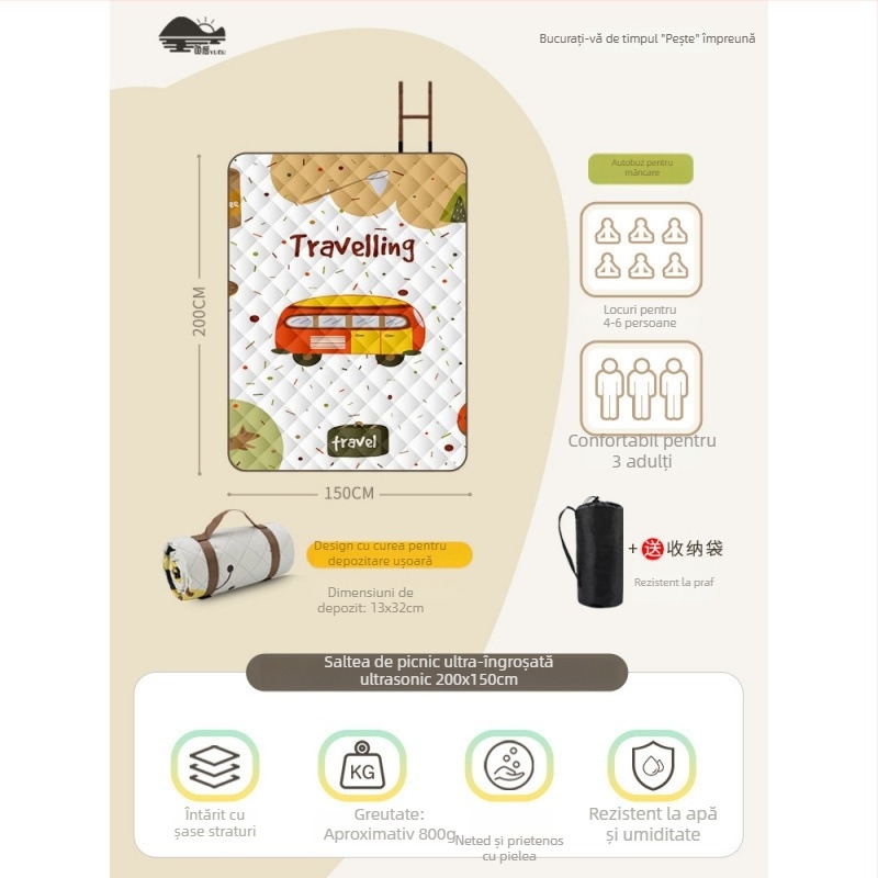 Covoraș de picnic cu suprafață din flanelă, impermeabil pentru camping, ușor de transportat pentru grup