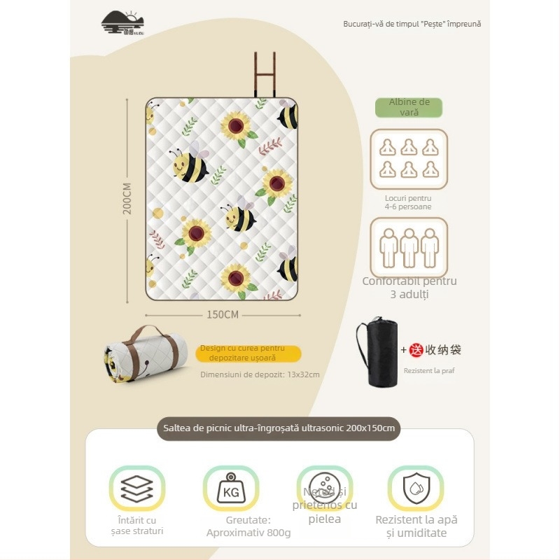 Covoraș de picnic cu suprafață din flanelă, impermeabil pentru camping, ușor de transportat pentru grup