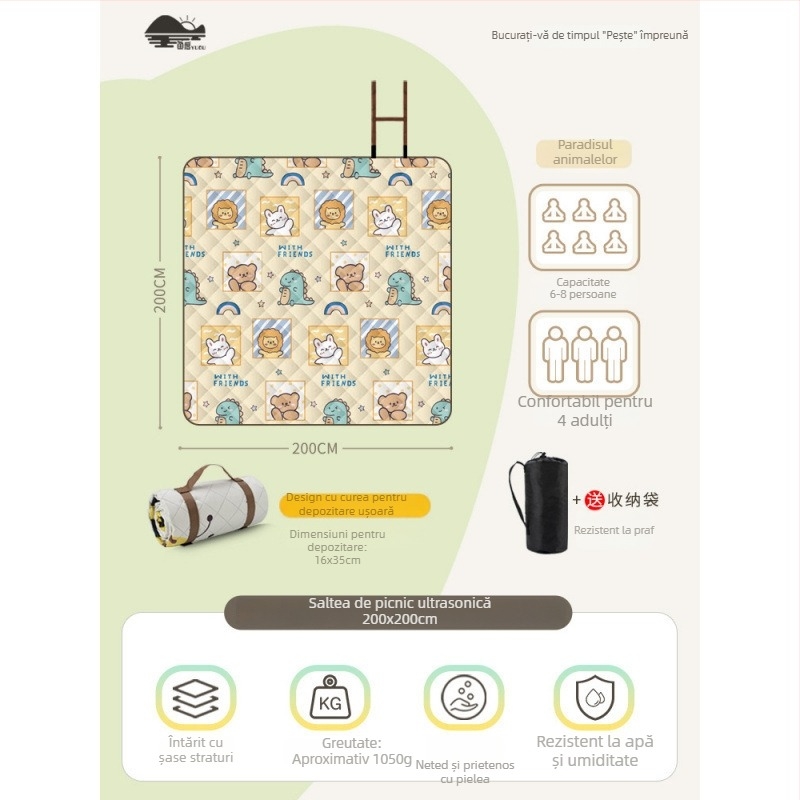 Covoraș de picnic cu suprafață din flanelă, impermeabil pentru camping, ușor de transportat pentru grup