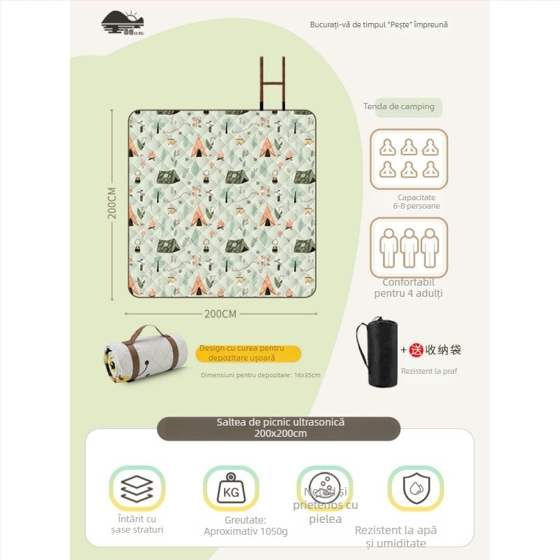 Covoraș de picnic cu suprafață din flanelă, impermeabil pentru camping, ușor de transportat pentru grup