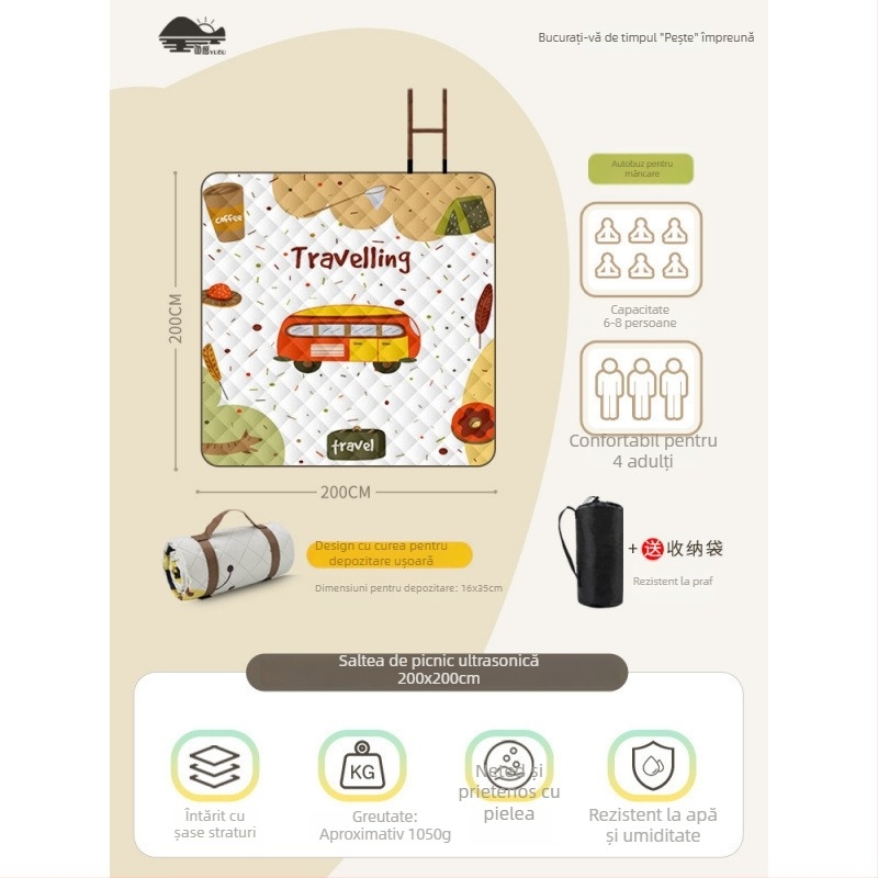 Covoraș de picnic cu suprafață din flanelă, impermeabil pentru camping, ușor de transportat pentru grup