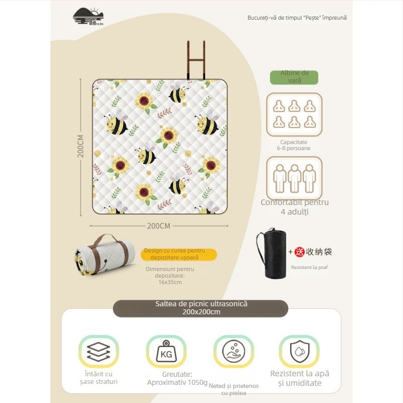 Covoraș de picnic cu suprafață din flanelă, impermeabil pentru camping, ușor de transportat pentru grup