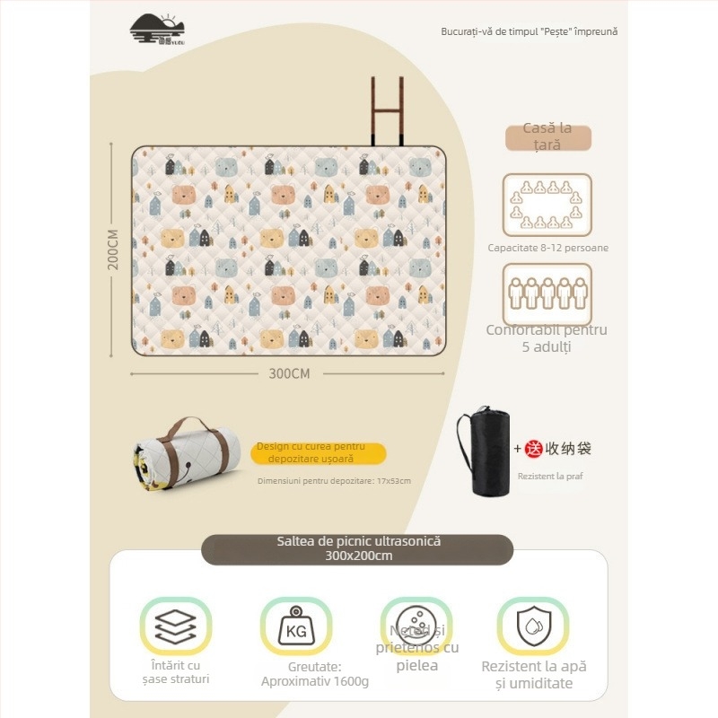 Covoraș de picnic cu suprafață din flanelă, impermeabil pentru camping, ușor de transportat pentru grup