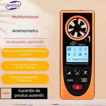 GM8910 Anemometru Digital – măsoară viteza vântului, temperatura și umiditatea, presiunea atmosferică și iluminanța; intervalul vitezei 0.7-30 m/s, rezoluție 0.1 m/s, precizie ±3 m/s, alimentare 3V