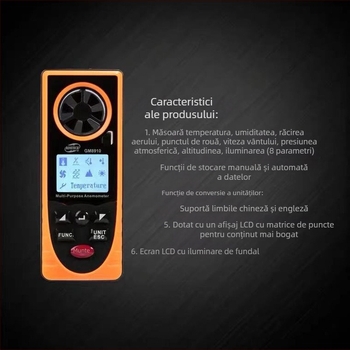 GM8910 Anemometru Digital – măsoară viteza vântului, temperatura și umiditatea, presiunea atmosferică și iluminanța; intervalul vitezei 0.7-30 m/s, rezoluție 0.1 m/s, precizie ±3 m/s, alimentare 3V