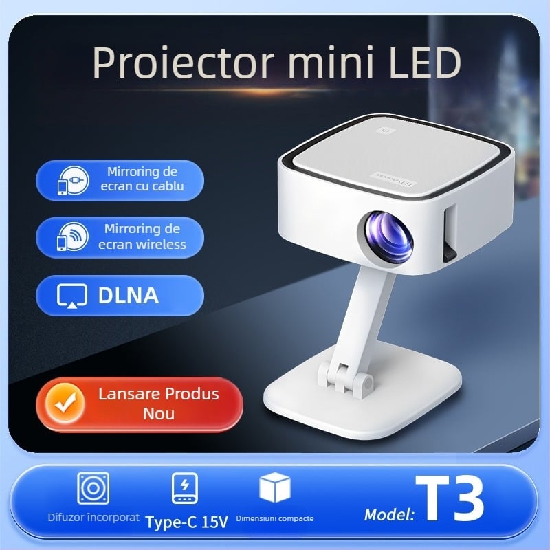 Toprecis T3 proiector portabil cu mișcare Pan/Tilt, 720P, 80 ANSI, 30W, compatibil cu Power Bank
