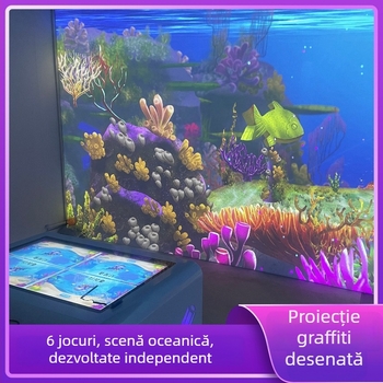 Proiecție interactivă de pictură pe perete și podea pentru muzeul copiilor de știință și tehnologie – proiecție holografică pentru mai mulți utilizatori, rezoluție 1024x768, luminozitate 3300 lm, obiectiv 0.8, putere 350W, tensiune 220V
