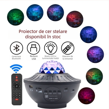 Proiector cer înstelat cu difuzor Bluetooth, telecomandă, alimentare USB, control prin aplicație — lampă de noapte de masă