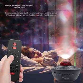 Proiector cer înstelat cu difuzor Bluetooth, telecomandă, alimentare USB, control prin aplicație — lampă de noapte de masă
