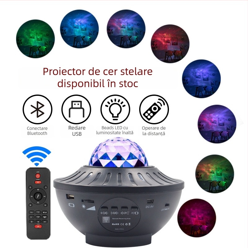 Proiector cer înstelat cu difuzor Bluetooth, telecomandă, alimentare USB, control prin aplicație — lampă de noapte de masă