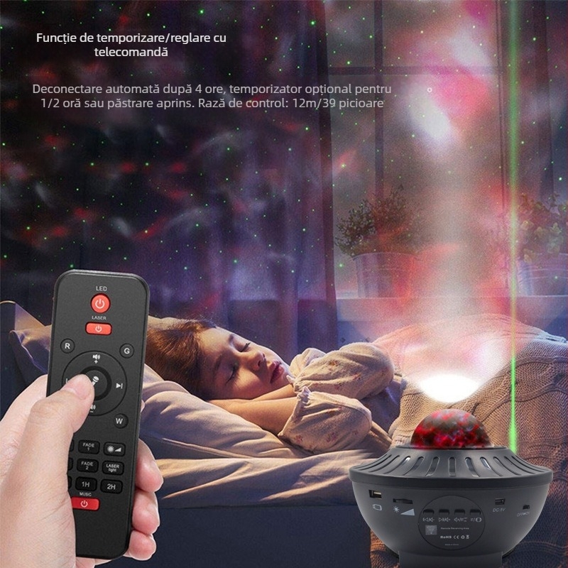 Proiector cer înstelat cu difuzor Bluetooth, telecomandă, alimentare USB, control prin aplicație — lampă de noapte de masă