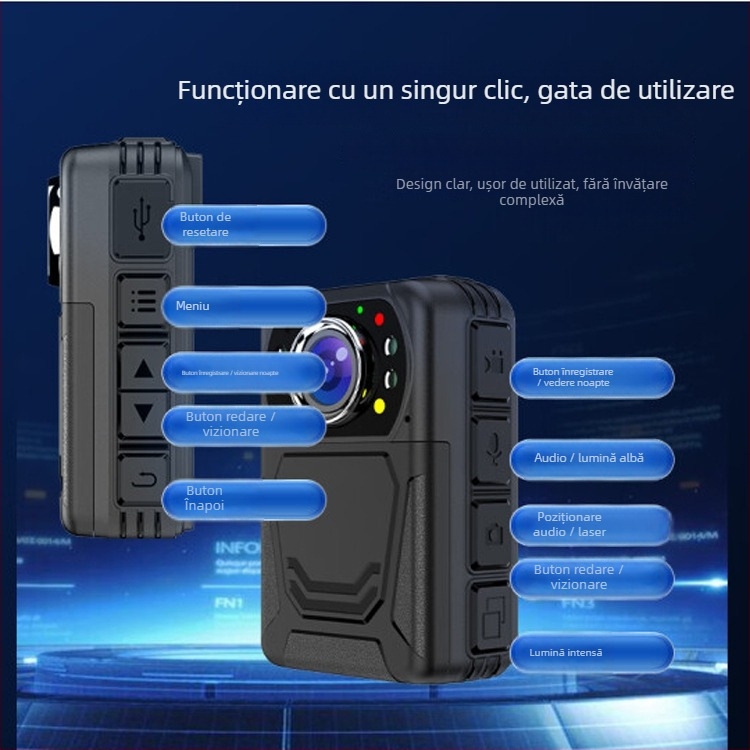 Cameră corporală pentru aplicarea legii A2 — senzor CMOS, ecran LCD 2,0 inch, microfon stereo, viziune nocturnă, stabilizare dublă
