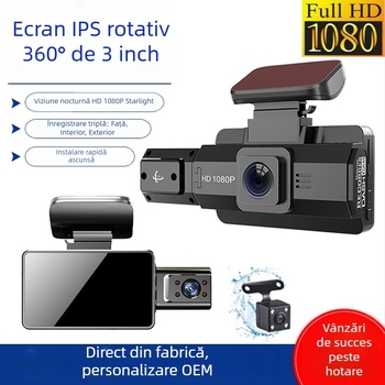 A88 Cameră de bord cu rotire la 360°, vedere nocturnă, lentile duale față și interior, 1080p, ecran de 3 inch, monitorizare parcare