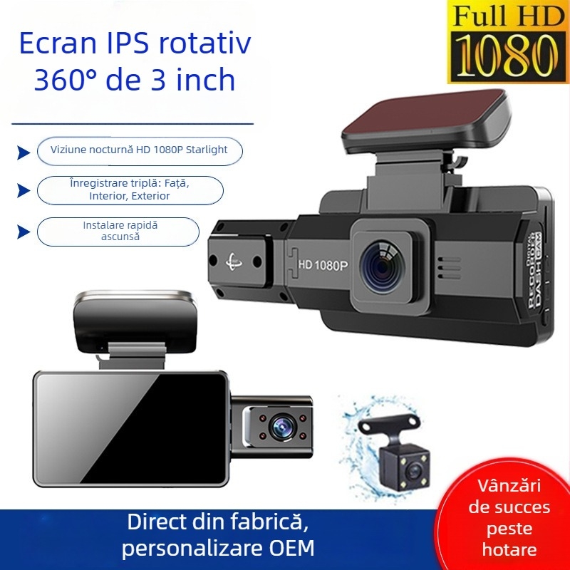 A88 Cameră de bord cu rotire la 360°, vedere nocturnă, lentile duale față și interior, 1080p, ecran de 3 inch, monitorizare parcare