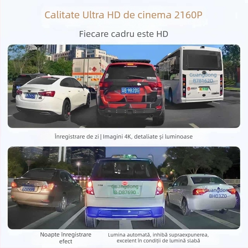 Dashcam cu unghi larg, înregistrare față-spate, 2160p, diafragmă F1.8, unghi de 170°, Wi-Fi