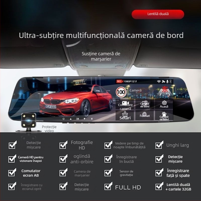 Camera auto de bord 360° cu obiective duale față-spate, 1080P, vedere pe timp de noapte, unghi de vizualizare 170°