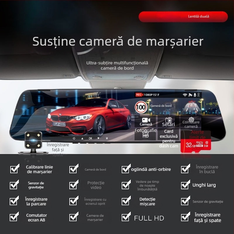 Camera auto de bord 360° cu obiective duale față-spate, 1080P, vedere pe timp de noapte, unghi de vizualizare 170°
