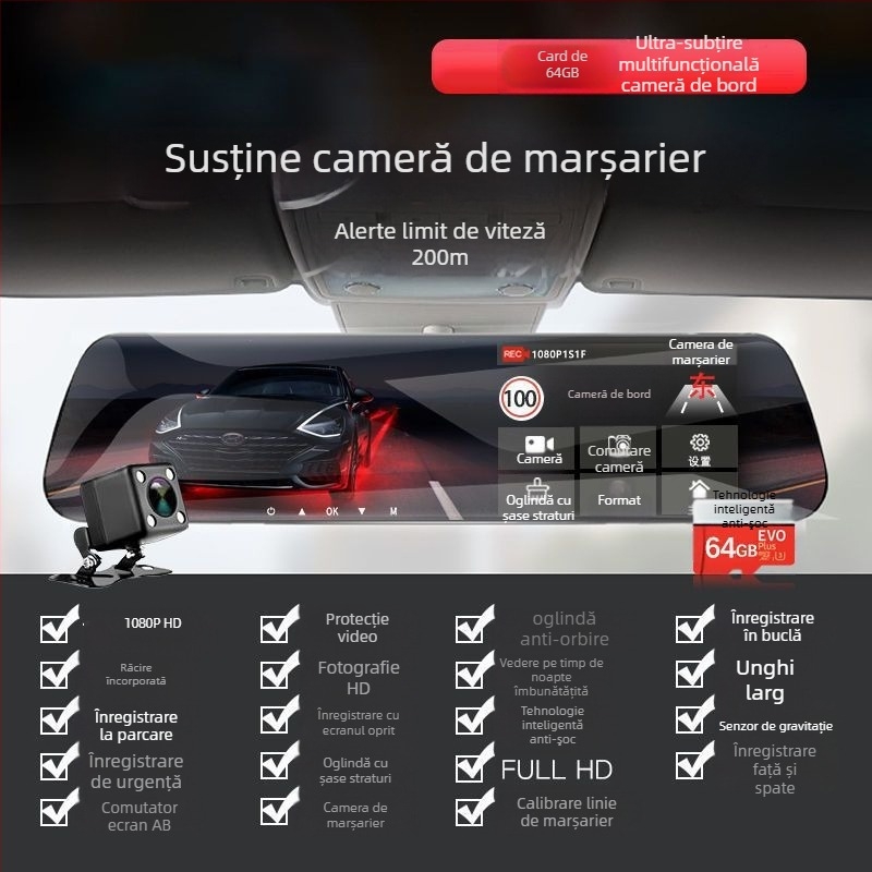 Camera auto de bord 360° cu obiective duale față-spate, 1080P, vedere pe timp de noapte, unghi de vizualizare 170°