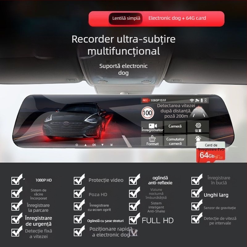 Camera auto de bord 360° cu obiective duale față-spate, 1080P, vedere pe timp de noapte, unghi de vizualizare 170°